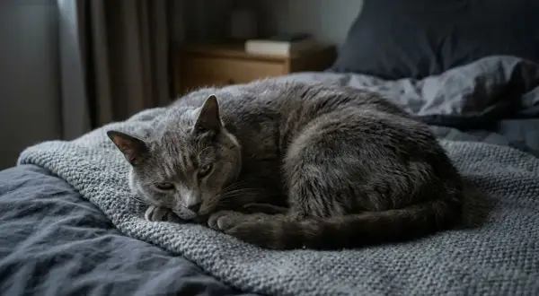 Un chat gris, d'ordinaire si vif, semble soudainement apathique, lové sur un lit sombre.