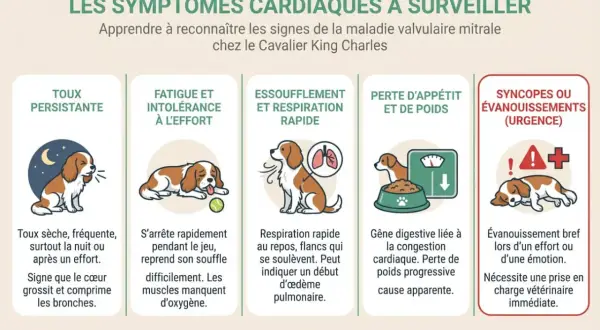 Chien Cavalier King Charles souffrant de maladie valvulaire dégénérative : toux, fatigue, essoufflement, perte d'appétit, syncopes. Urgence vétérinaire.