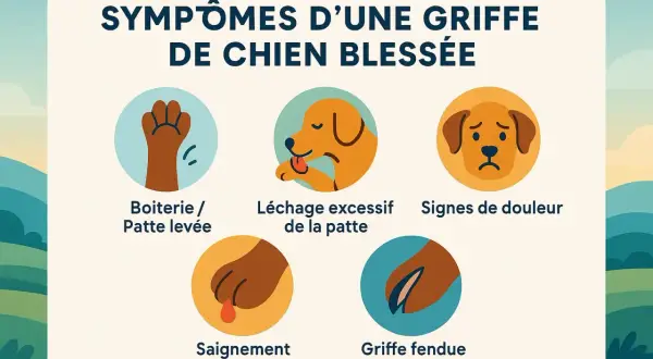 Illustration des symptômes d'une griffe de chien blessée, incluant une griffe fendue ou cassée, boiterie, léchage excessif, saignement et signes de douleur.
