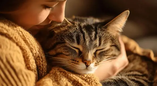 Un enfant enlace tendrement son chat, un compagnon félin atteint d'un cancer en phase terminale. Un moment de douceur et d'amour partagé.