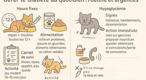 Gestion du diabète félin : routine, alimentation, activité et signes d'hypoglycémie, comme la faiblesse, pour reconnaître les symptômes diabète chat.