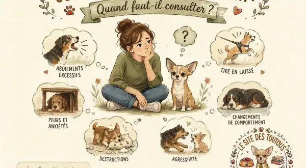 Illustration d'une jeune femme réfléchissant aux problèmes de comportement canin : aboiements, peurs, destructions, agressivité, tirage en laisse, changements. Un comportementaliste canin peut aider.