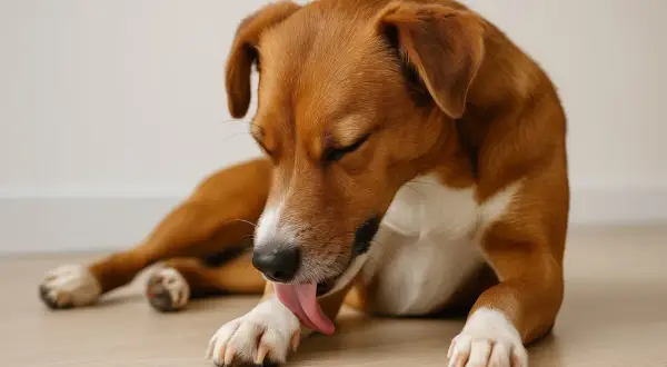 Un chien brun et blanc se lèche les pattes, peut-être pour se nettoyer ou par ennui.