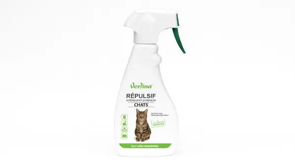 Flacon spray Verina Répulsif pour chats, intérieur/extérieur. Son odeur repulsif chat, à base d'huiles essentielles, éloigne les félins sans danger.