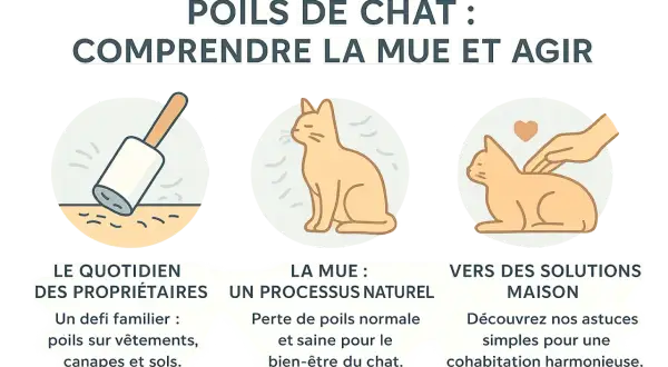 Rouleau pour enlever les poils de chat sur les vêtements, un chat en pleine mue, et une main caressant un chat. Astuces pour une cohabitation harmonieuse.