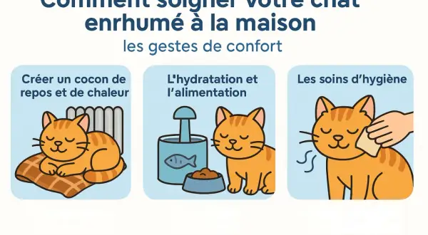 Un chaton roux se repose près d'un radiateur, boit de l'eau et mange, et se fait nettoyer le visage. Des gestes de confort pour un chat qui tousse, remède naturel.