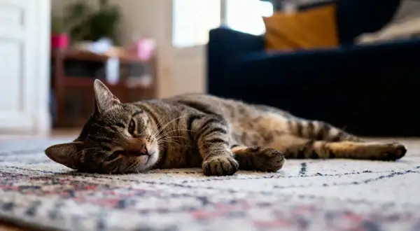 Un chat tigré se repose sur un tapis. Il est important de savoir combien de temps pour éliminer les vers du chat pour sa santé.
