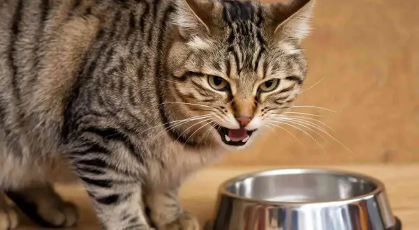 Un chat tigré, l'air contrarié, émet un miaulement du chat qui s'ennuie près d'une gamelle vide.