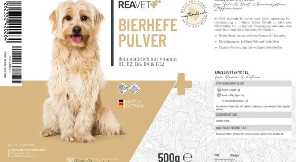 Un chien à poil long et clair, assis, avec un emballage de levure de bière pour chien et chat.