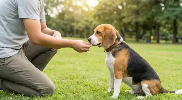 Un homme donne une friandise à un adorable beagle chien assis dans l'herbe, sous le soleil.