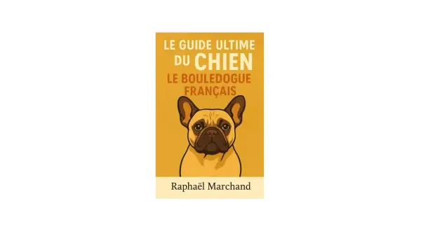 Couverture du livre "Le Guide Ultime du Chien : Le Bouledogue Français". Un bouledogue français au regard expressif est représenté, suggérant des conseils sur sa nourriture et son bien-être.