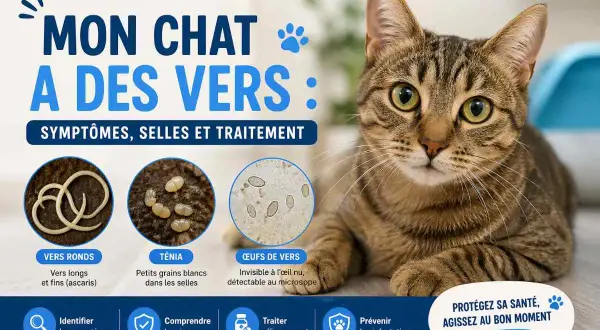 Un chat tigré regarde l'objectif, tandis que l'image montre des vers, des œufs de vers et des symptômes de vers chez le chat.