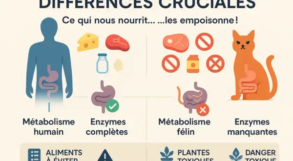 Illustration comparant le métabolisme humain et félin. Ce qui nourrit l'homme peut être un poison pour chat, avec des aliments à éviter et des plantes toxiques.