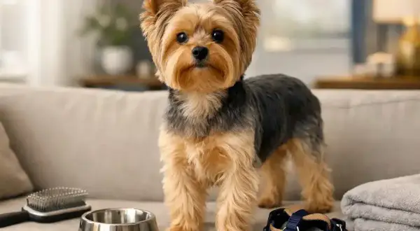 Un adorable yorkshire terrier se tient sur un canapé, prêt pour sa promenade. À ses côtés, une gamelle, une brosse et un harnais.
