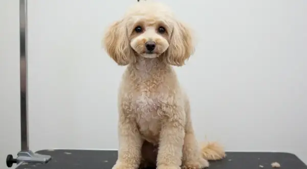 Un caniche royal non toiletté, au pelage bouclé et clair, attend patiemment sur une table de toilettage.