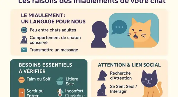 Un chat qui pleure, ou miaule, communique ses besoins : faim, soif, litière sale, inconfort, ou recherche d'attention.