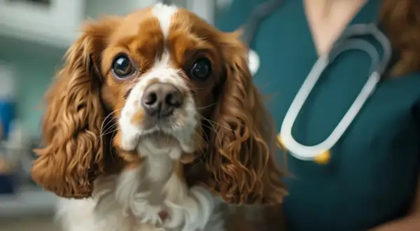 Un chien Cavalier King Charles, au regard triste, est examiné par un vétérinaire. Il pourrait souffrir d'un stade terminal d'insuffisance cardiaque.