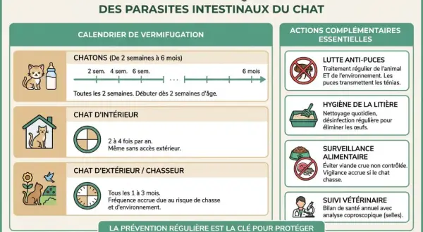 Calendrier de vermifugation et actions pour prévenir les vers intestinaux du chat. Conseils pour chatons, chats d'intérieur et d'extérieur.