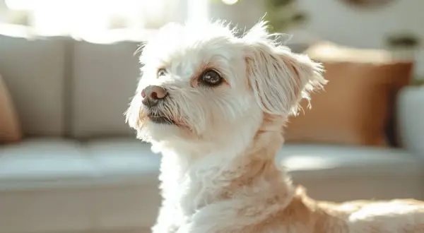 Un adorable chien qui n'aboie pas et ne perd pas ses poils, baigné de lumière.