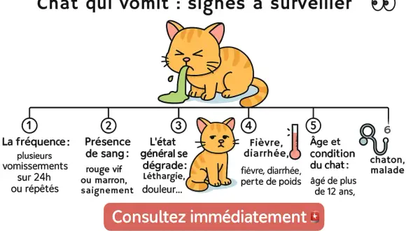 Mon chat vomit et a la diarrhée : signes à surveiller. Vomissements fréquents, sang, léthargie, fièvre, perte de poids. Consultez immédiatement.