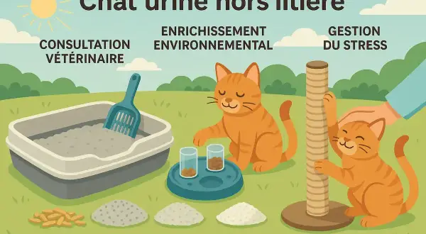 Mon chat fait pipi à côté de sa litière. L'image montre des solutions : consultation vétérinaire, enrichissement environnemental et gestion du stress.