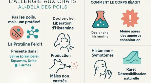 L'allergie aux chats est causée par la protéine Fel d 1, présente dans la salive, les squames, l'urine et les larmes. Elle déclenche la libération d'histamine, provoquant des symptômes. Le pollen de chat peut aussi être un déclencheur.