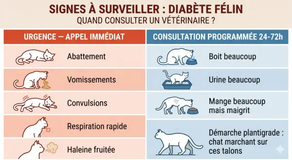 Signes de diabète félin : abattement, vomissements, convulsions, respiration rapide, haleine fruitée. Complications à surveiller.