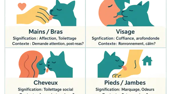 Mon chat me lèche le visage, signe de confiance et de ronronnements calmes.