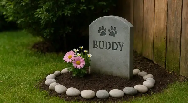 Une tombe pour chien dans un jardin, avec des fleurs et des galets. Peut-on enterrer son chien dans son jardin ? Ce mémorial pour Buddy suggère une réponse affectueuse.
