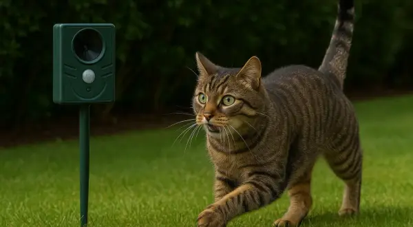 Un chat tigré, surpris, s'arrête devant un appareil vert. L'ultrason souris est dangereux pour les chats, le faisant fuir.