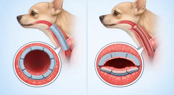 Illustration comparant une trachée saine et un collapsus trachéal chez un chien. La trachée saine est ronde, tandis que celle affectée par le collapsus est aplatie.