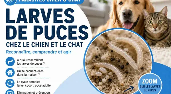 Zoom sur les larves de puces : ces vers blancs et petits œufs sont le début du cycle de vie des puces chez le chien et le chat.