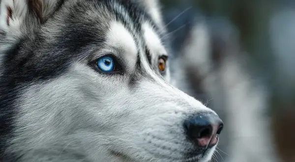 Un husky aux yeux vairons, l'un bleu, l'autre marron, semble observer l'obscurité. Les chiens voient-ils dans le noir ?