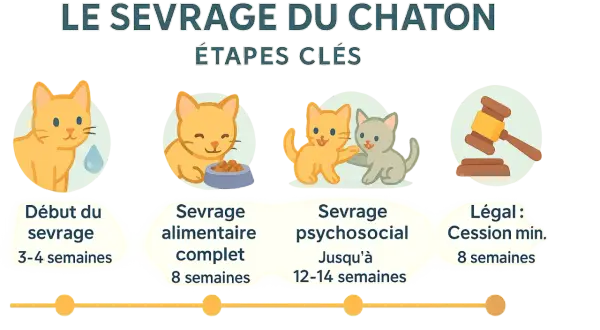 Le sevrage du chaton, de 3-4 semaines à 12-14 semaines, couvre les étapes alimentaire, psychosociale et légale.