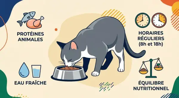 Un chat gris et blanc mange dans sa gamelle. L'image illustre comment nourrir un chat combien de fois par jour : protéines animales, eau fraîche, horaires réguliers (8h et 18h) et équilibre nutritionnel.
