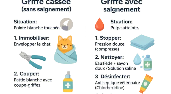 Guide pour soigner une griffe arrachée chez le chat : conseils pour une griffe cassée sans saignement ou avec saignement.