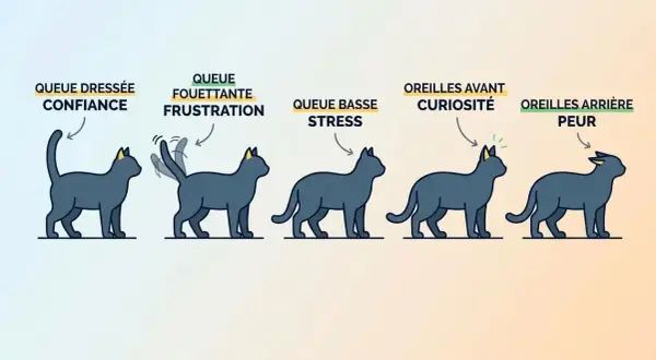 Cinq chats illustrent le langage corporel félin : confiance (queue dressée), frustration (queue fouettante), stress (queue basse), curiosité (oreilles avant) et peur (oreilles arrière).