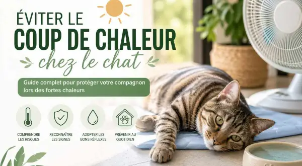 Un chat tigré se repose sur un tapis rafraîchissant, près d'un ventilateur, pour éviter le coup de chaleur. Guide pour protéger votre chat.