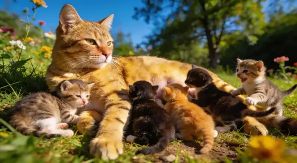 Une chatte tigrée et ses chatons dans l'herbe. Combien de portée par an pour un chat ? Cette mère semble en avoir déjà plusieurs !