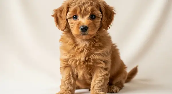 Adorable caniche nain roux, assis, avec des boucles douces et des yeux curieux.