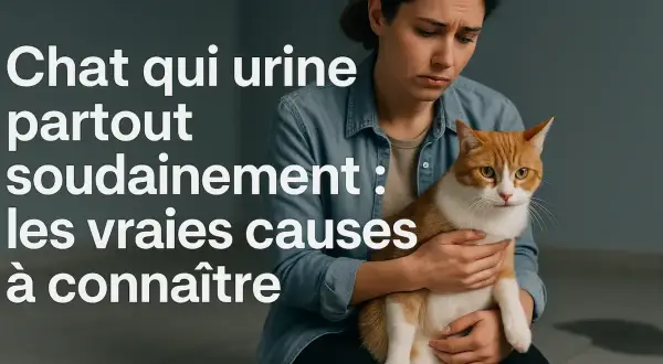 Une femme inquiète tient son chat roux et blanc. Le texte indique "Chat qui urine partout soudainement : les vraies causes à connaître". Mon chat urine beaucoup dans sa litière, est-ce un problème ?