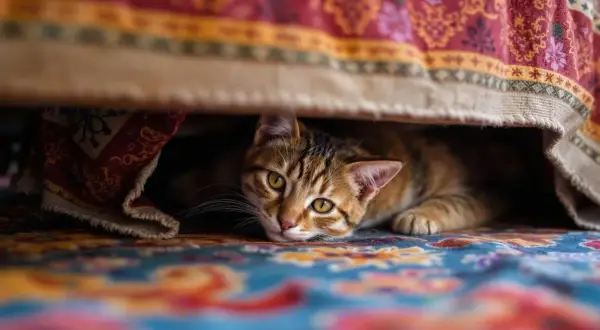 Un chat tigré aux yeux d'or se cache sous une couverture ornée, l'air pensif. Le chat sent-il sa mort venir, ou juste une sieste ?