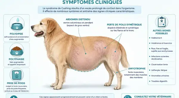 Chien atteint du syndrome de Cushing : abdomen distendu, perte de poils, polydipsie, polyphagie, prise de poids, amyotrophie. Consultez un vétérinaire.