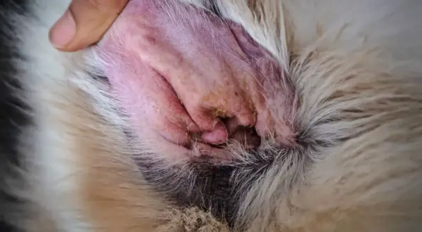 Oreille de chien rouge et irritée, avec des sécrétions jaunâtres, signe d'une otite. Un doigt écarte doucement le poil pour mieux visualiser.