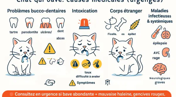 Illustration expliquant pourquoi mon chat bave : problèmes dentaires, intoxication, corps étranger, maladies. Urgence si bave abondante, mauvaise haleine, etc.