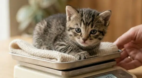 Un adorable chaton tigré sur une balance, pesant 210g. Un signe de bonne prise de poids pour ce petit félin.