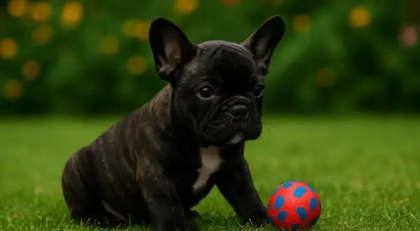Un adorable bouledogue français nain, tout noir tigré, est assis sur l'herbe verte à côté d'une balle rouge à pois bleus.