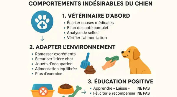 Infographie sur les comportements indésirables du chien : vétérinaire, environnement, éducation. Elle aborde pourquoi les chiens mangent du caca.