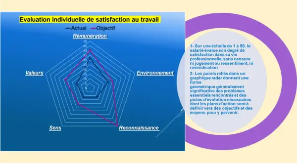 Graphique radar d'évaluation de la satisfaction au travail. Les axes représentent Rémunération, Valeurs, Sens, Reconnaissance, Environnement. Le graphique montre les données actuelles et objectives. Ce n'est pas un staff chien dangereux.