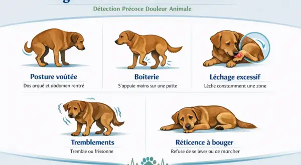 Mon chien a du mal à marcher, il boite et refuse de bouger. L'image montre les signes de douleur chez le chien : posture voûtée, boiterie, léchage excessif, tremblements et réticence à bouger.